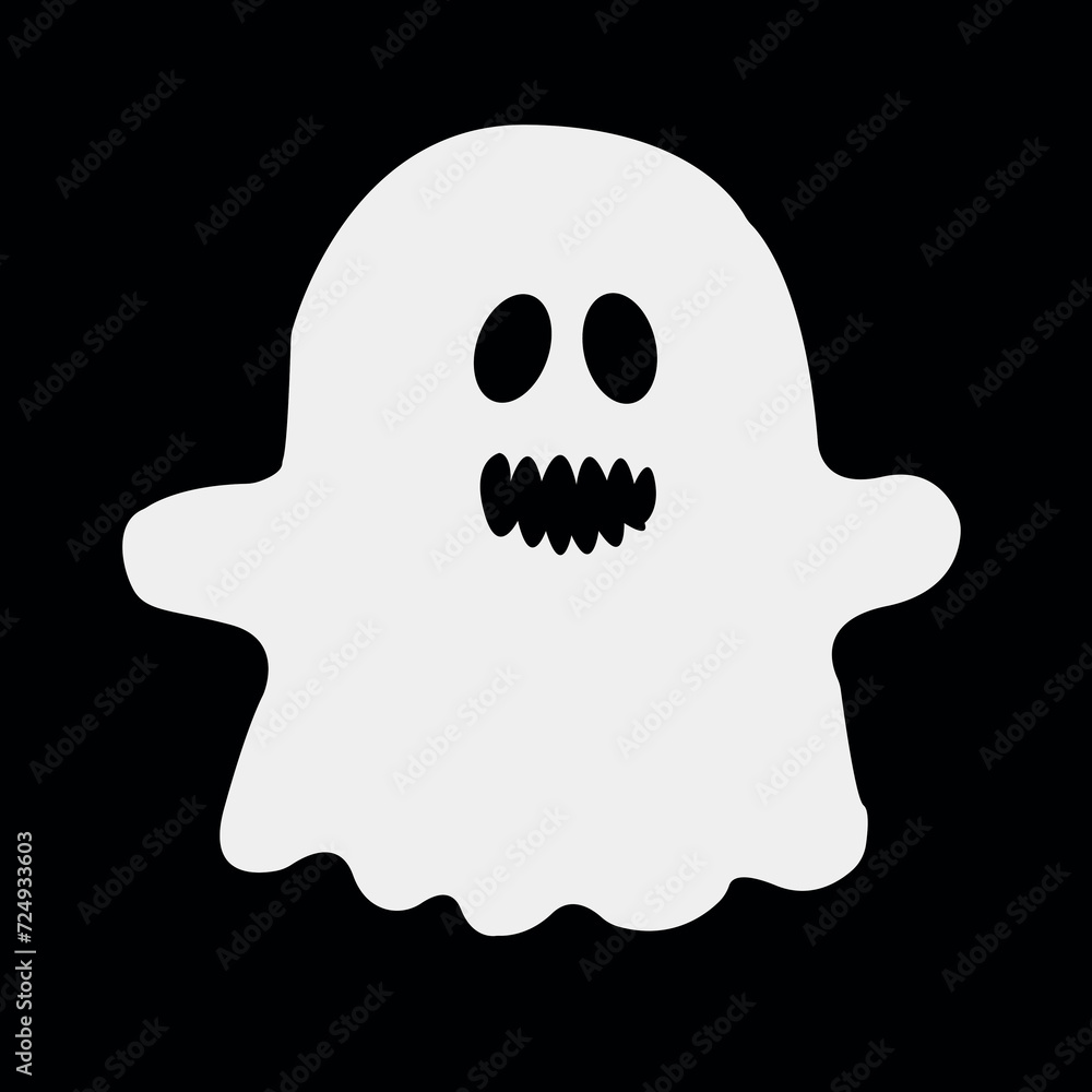 White ghost icon. Terrible character tries to scare, raises his hands up. Halloween and scary autumn holiday. Cartoon flat vector illustration White ghost icon. Terrible character tries to scare, raises his hands up. Halloween and scary autumn holiday. Cartoon flat vector illustration