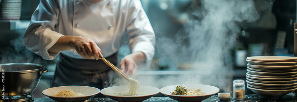 Asian male chef making ramen in the kitchen. Asian male chef making ramen in the kitchen.
