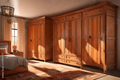 Southwestern Desert Master Bedroom Wardrobe, Vray Style, Neoclassical Simplicity, Contrasting Light and Shadow, Helene Knoop, Wood, Adobe Orange, Classic Modern