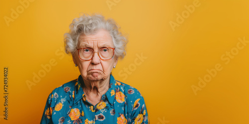 Grumpy senior woman looking at camera with resentment and disapproval, on solid background with copy space.