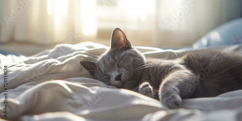 Family cat sleeping on white sheets in sunlit bright room. Sun shining through a window. Pet resting indoors.