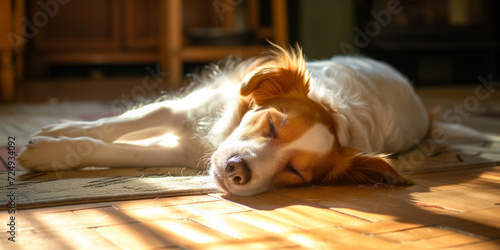 Family dog sleeping on a floor in sunlit bright room. Sun shining through a window. Dog resting indoors.