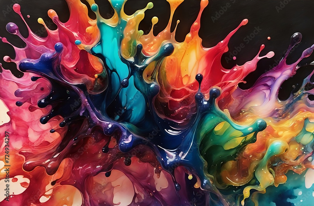 Abstract background - ink drips, resin drops, splashes of paint. Colorful fantasy installation, 3d illustration.