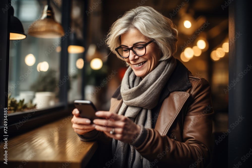 Mature woman with scarf, is in a cafe looking smiling at the cell phone. Technology for any age Mature woman with scarf, is in a cafe looking smiling at the cell phone. Technology for any age