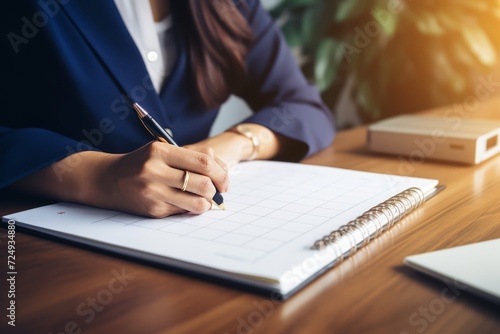 Woman in blue writing in a planner notebook
