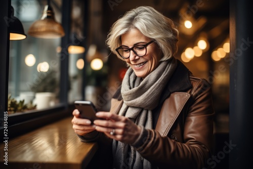 Mature woman with scarf, is in a cafe looking smiling at the cell phone. Technology for any age