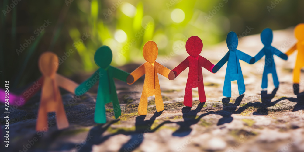 Rainbow colored paper human figures holding their hands on nature background. Diversity and Inclusion concept.