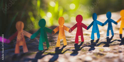 Rainbow colored paper human figures holding their hands on nature background. Diversity and Inclusion concept. photo