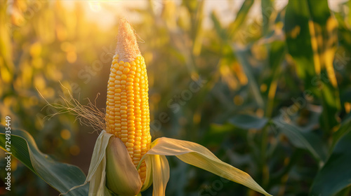 Peeled corn lies on the corn field background.