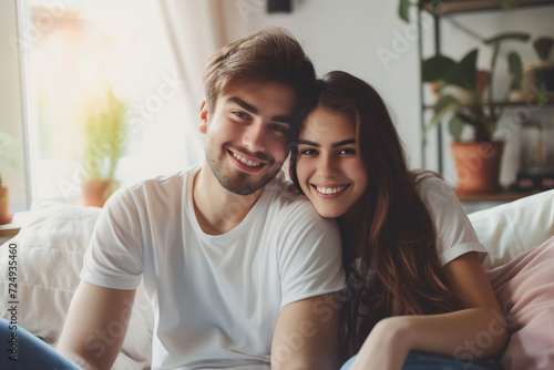 Romantic happy young couple relaxing on couch at home. Loving spouses resting in cozy living room interior. People in love enjoying weekend time together.