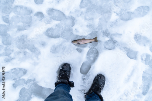 Ice fishing brown trout on ice first person view copy space looking at the hole in ice holding fishing rod