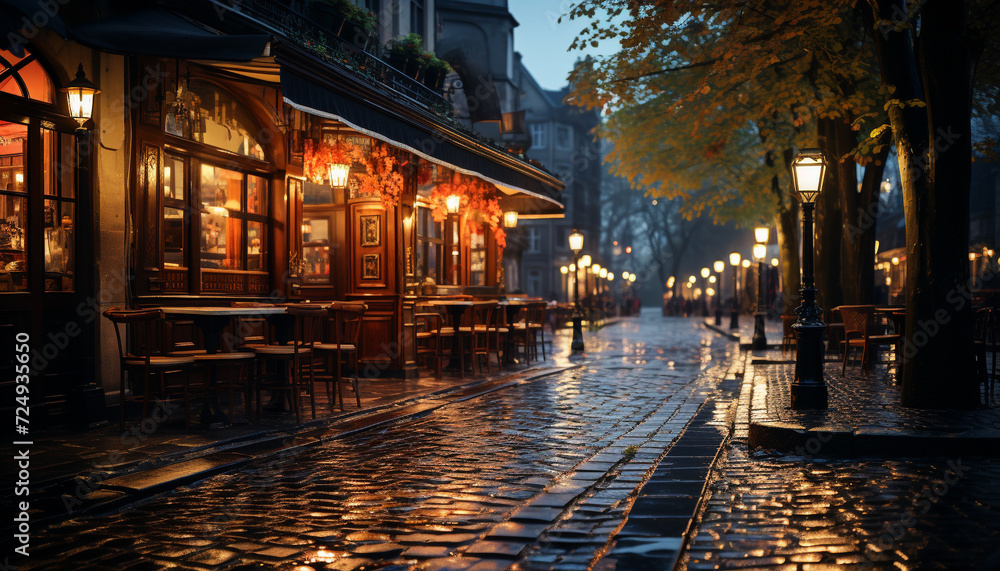 Illuminated city street, dusk, old building, wet cobblestone generated by AI