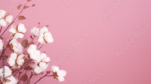 Natural cotton flowers. real delicate soft and gentle natural white cotton balls flower branches and pink background. flowers composition. japan minimal style. nature cotton material for