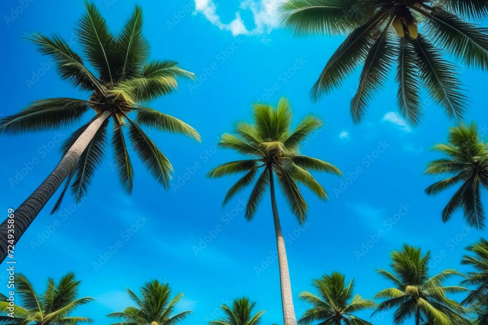 Background tropical nature landscape with coconut palm trees on amazing blue sky, fantastic wallpaper. Concept of summer vacation and business travel. Beauty in tropic climate. Copy text space