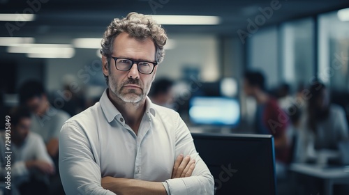 Nervous and tired boss at his workplace busy while people moving near blurred. office worker, manager working, has problems and deadline, his colleagues distracting. business, work,