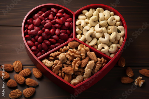 View from above, on a wooden table, lies an open heart-shaped gift box filled with assorted nuts