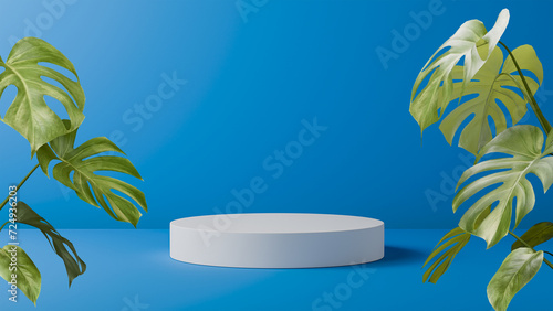 3d blue background product display podium scene with leaf platform  Abstract product display podium  3d rendering studio with geometric shapes  Cosmetic product minimal scene with platform.