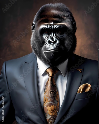 Gorilla dressed in an elegant and modern suit with a nice tie. Fashion portrait of an anthropomorphic animal  monkey  shooted in a charismatic human attitude
