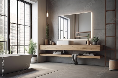 Interior of a contemporary bathroom with huge windows and gray walls. a sink with a mirror over it and a wooden shelf underneath. A toned, mock up, horizontal poster is displayed on a wall