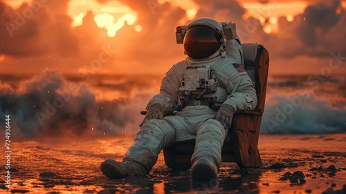An astronaut relax sitting on a wood chair in the shoreline, sunset background, Generative AI