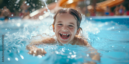 Child playing in swimming pool in water park. Little child having fun on family summer vacation in tropical resort.