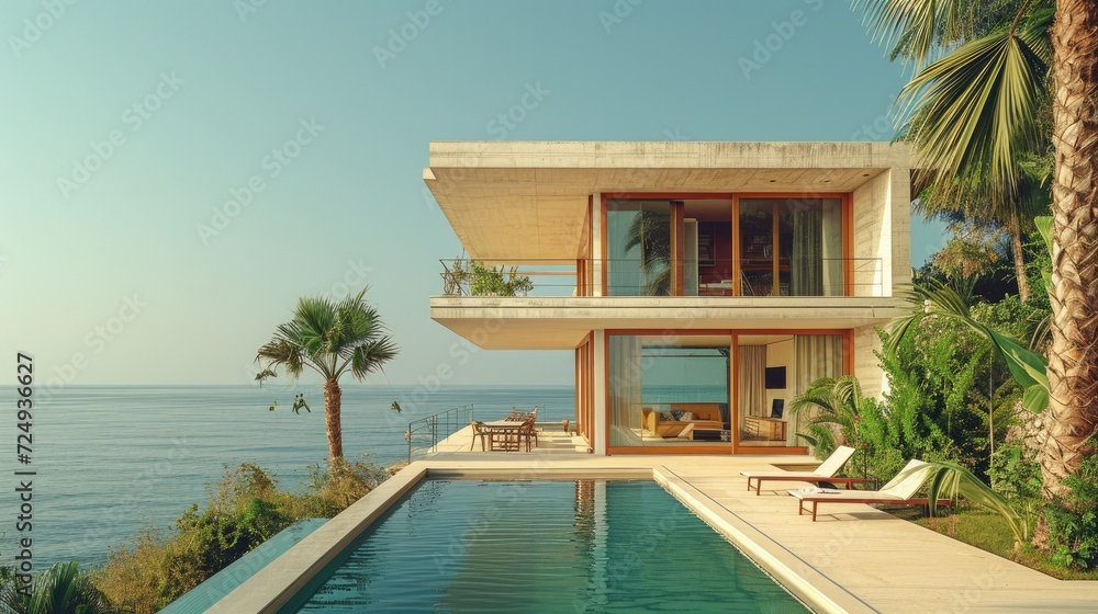 Modern minimal beach house in summer paradise on island, Generative AI