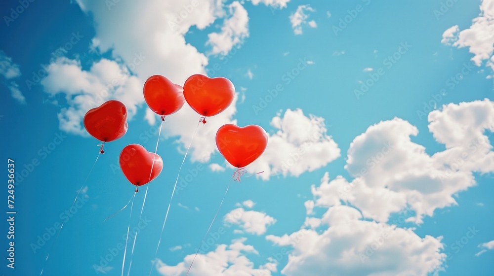 Red Heart Balloons Floating in the Air, Blue Sky With Clouds Background, Generative AI