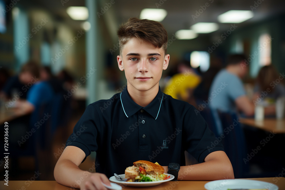 Generative AI photo of schoolchild eating tasty lunch at school canteen
