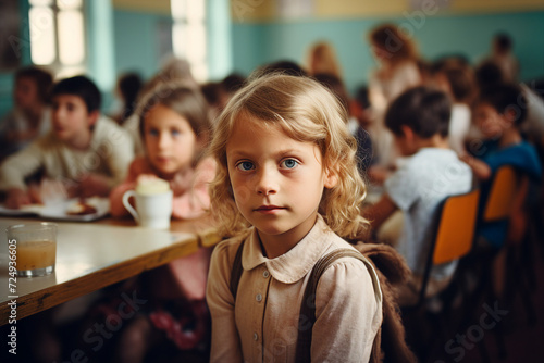 Generative AI image of cute adorable pupil eating lunch at school canteen