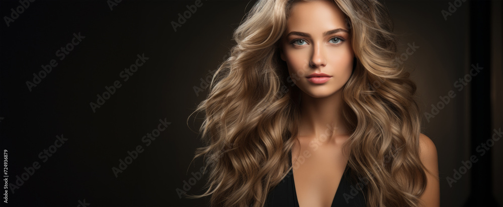 Naklejka premium beautiful woman on dark background, space for text, advertising