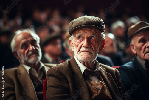 Photo image of old aged mature person college worker sitting on lecture or conference made with generative ai