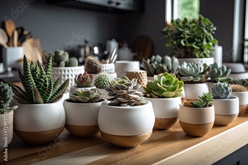 White pots with different succulents on a wooden kitchen counter, interior design