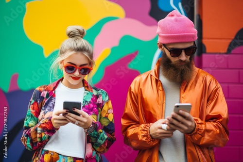 A young man and a young woman in trendy clothes are looking at their cell phones in front of a colorful wall