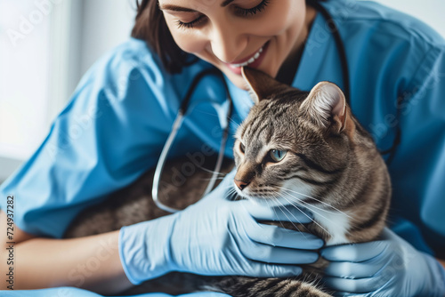 Female vet examining a cat at vet clinic. Pet at veterinarian doctor. Animal clinic. Pet check up and vaccination. Health care.