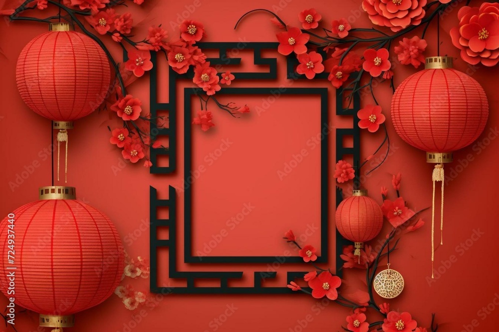 Traditional lunar new year background with a square frame, lanterns, and a red Asian template. Generative AI