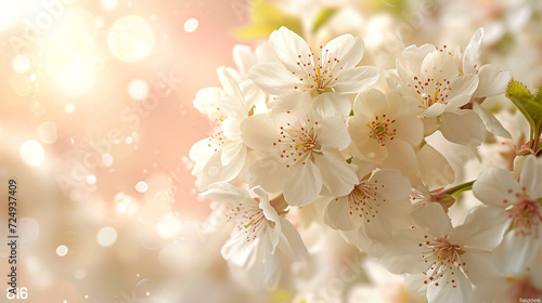 Branches of a blossoming apricot tree with soft focus in the sunlight, a beautiful spring floral image.