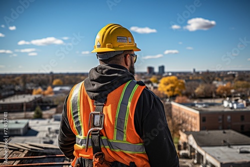 Witness the dedication of a construction worker wearing a safety uniform as they diligently work on the roof structure of a building at a bustling construction site