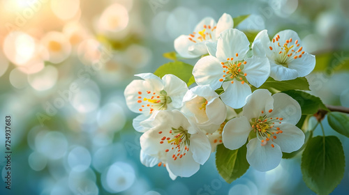 Branches of a blossoming apricot tree with soft focus in the sunlight  a beautiful spring floral image.