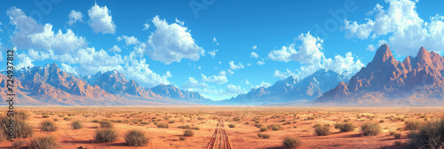 illustration of a panorama with a field surrounded by mountains. cartoon style