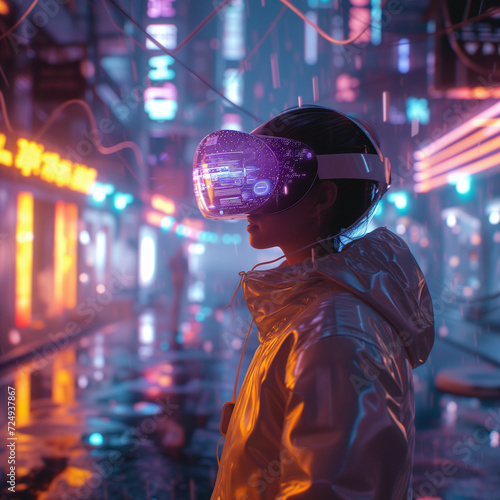AI generated woman wearing vr glasses in a metaverse world © DayDay Studio