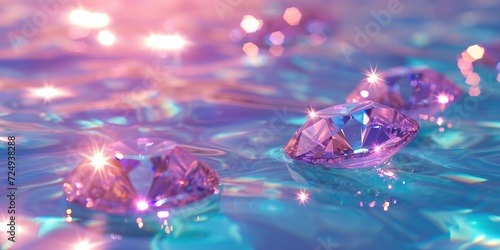 A magical scene brightly colored diamonds in a dreamy palette,  light pink, light blue, and clear diamonds gracefully floating in light blue water. photo