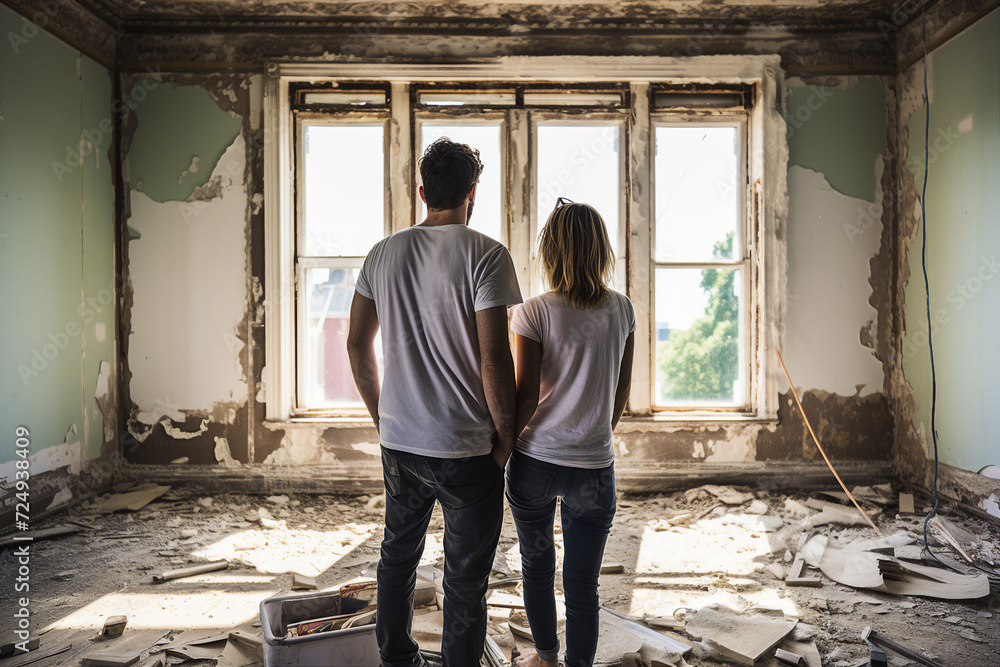 Generative ai rear view photo picture of two people renovating and remodeling their own house
