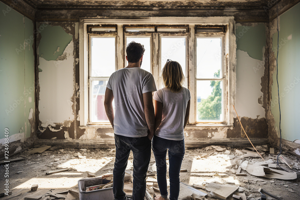 Generative ai rear view photo picture of two people renovating and remodeling their own house Generative ai rear view photo picture of two people renovating and remodeling their own house