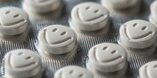 Packaging for Pill Tablets, Featuring White Smiley Face Circle Pills - Conveying the Medical Antibiotic and Health Care Concept