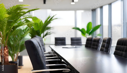 Empty boardroom in office with black couch and green plant.