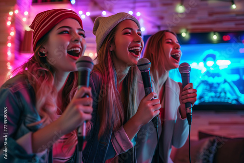 Best female friends singing into a microphones at karaoke night. Three cheerful young women singing their favorite songs at a house party.