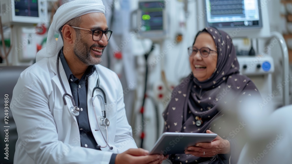 During a visit to a hospital, a doctor holding a tablet talks with a male Dialysis patient During a visit to a hospital, a doctor holding a tablet talks with a male Dialysis patient