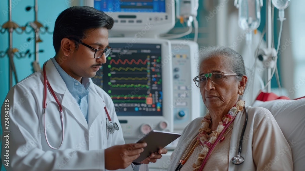 During a visit to a hospital, a doctor holding a tablet talks with a male Dialysis patient During a visit to a hospital, a doctor holding a tablet talks with a male Dialysis patient