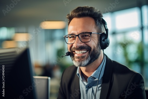 Experience the dedication of a male operator in a bustling call center office as he diligently works at his workstation, wearing a headset and focused on his computer