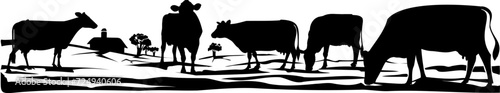 Cow farm landscape with the barn and trees in the background made with silhouettes of several holstein cows in black on white. photo